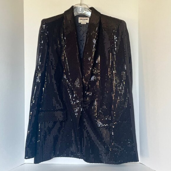 Zadig & Voltaire Vive Sequin Tuxedo Blazer Black Sparkle Jacket Womens M 38 - Picture 2 of 13